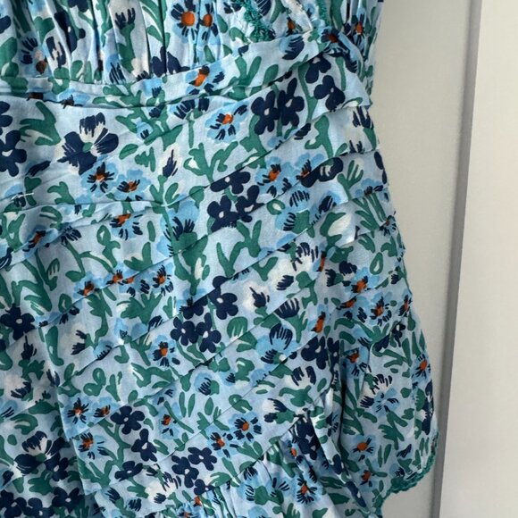 Poupette St Barth Floral Wrap Mini Dress Blue Green Ruffle Hem SZ S - Picture 5 of 5
